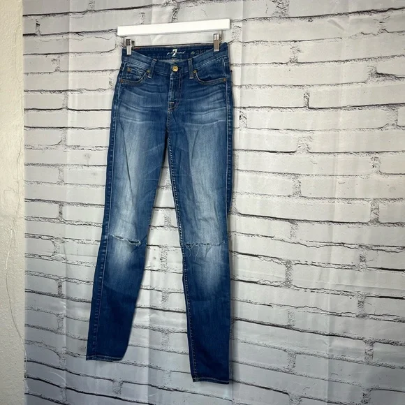 7 For All Mankind Blue Skinny Jeans 25x29 High-Rise Stretch Denim Distressed Y2K - Picture 8 of 16